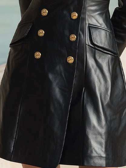 Black Double-Breasted Faux Leather Blazer Dress