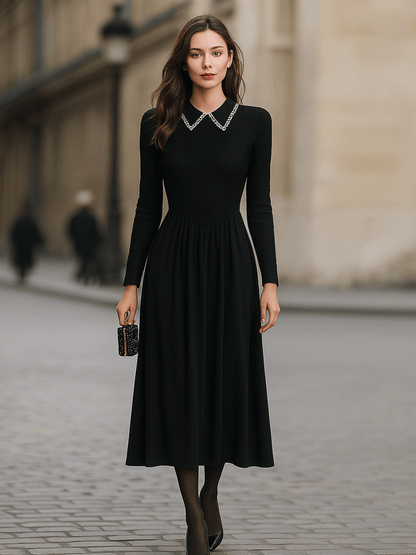 Black Long-Sleeve Midi Dress With Embellished Collar
