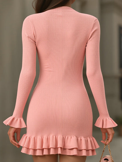 Sweetheart Ruffle Hem Ribbed Knit Mini Dress