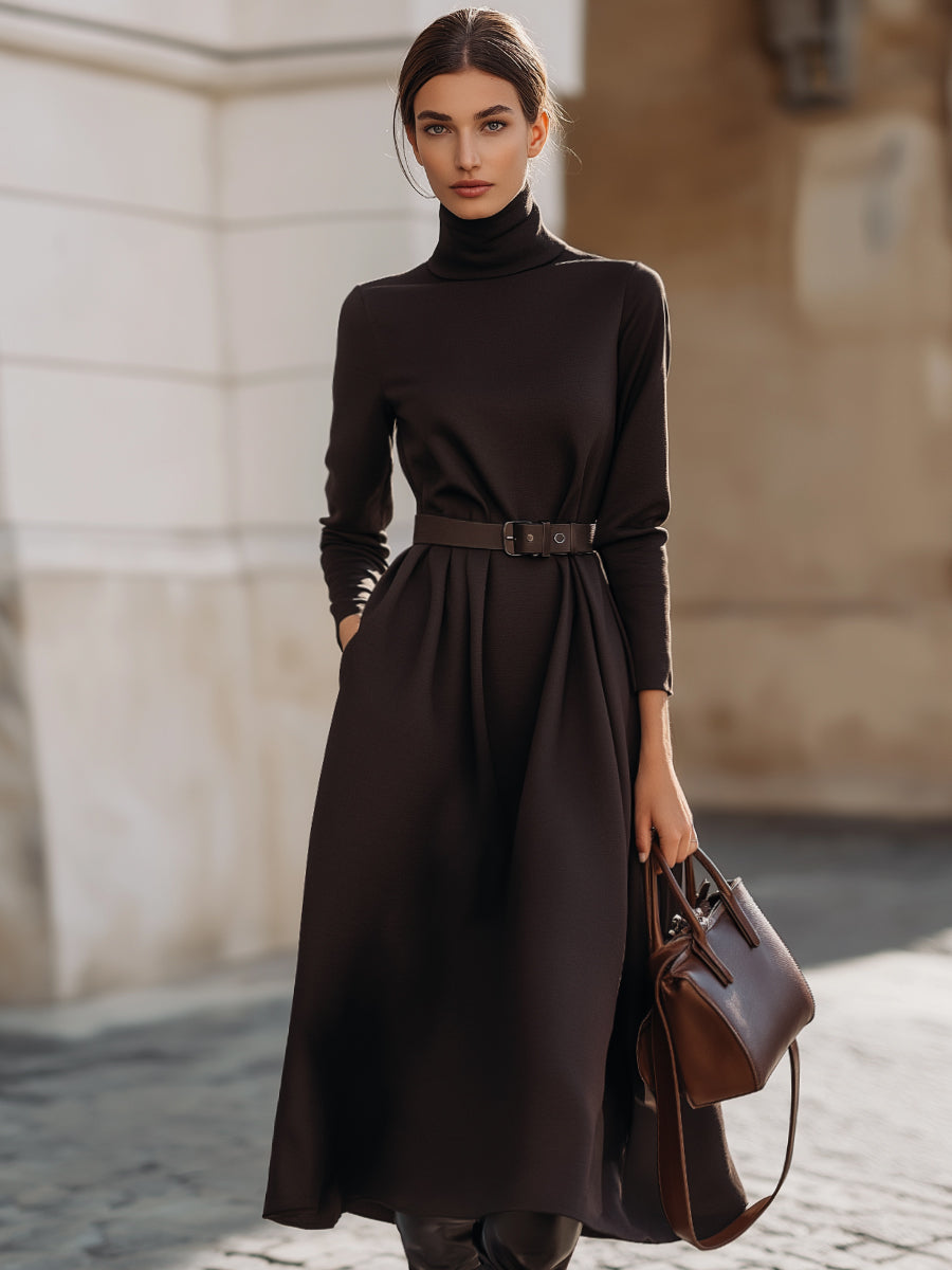Chocolate Brown Belted Turtleneck Midi Dress