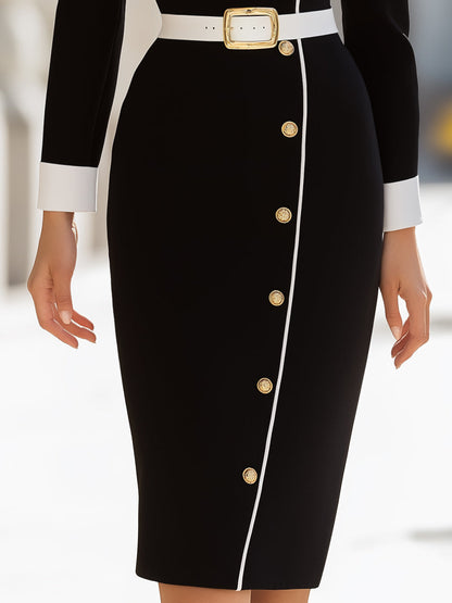 Asymmetrical Buttoned Midi Dress With Contrast Trim