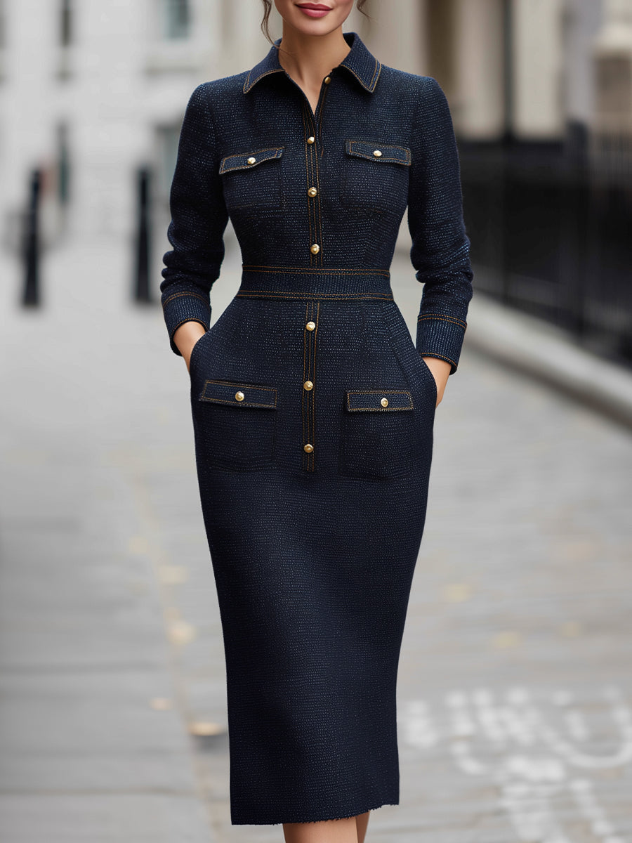 Tweed Midi Dress With Gold Trim And Button Detailing