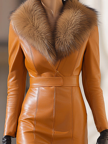 Caramel Faux Leather Maxi Dress With Luxurious Fur Collar