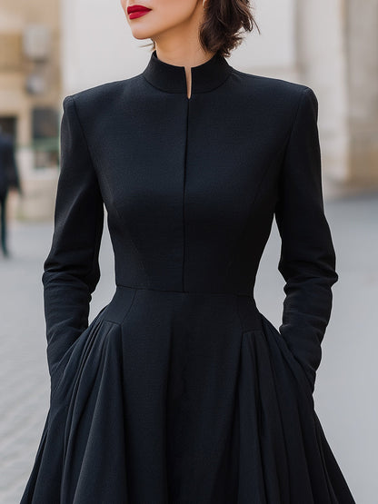 Structured High-Neck Pleated Midi Dress