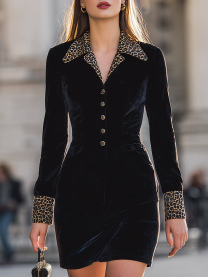 Glamorous Black Velvet Mini Dress With Leopard Accents