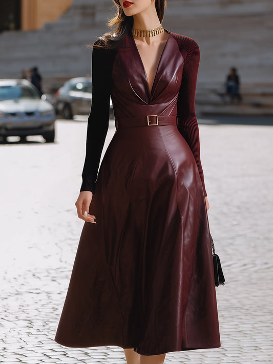 Stylish Burgundy Faux Leather Midi Dress With Belted Waist