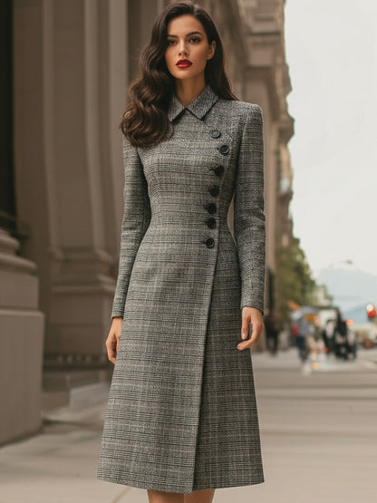 Elegant Plaid Asymmetric Button - Front Midi Dress
