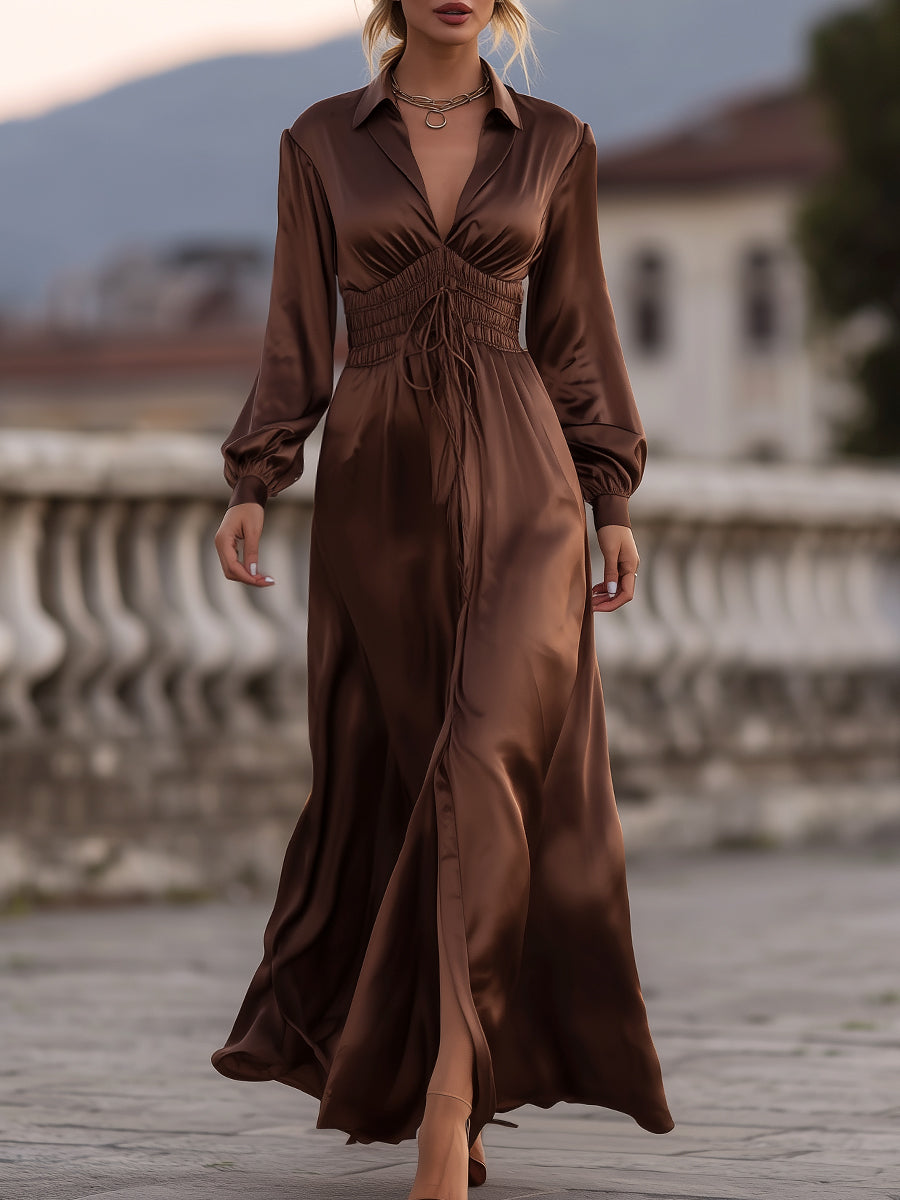 Beckwell Satin Cinched Waist Maxi Dress In Mocha Brown