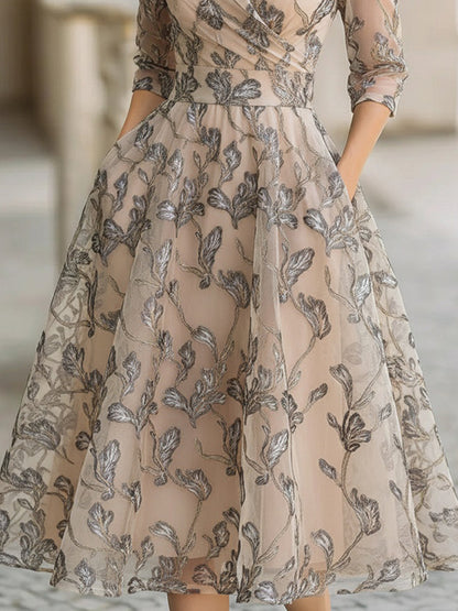 Beckwell Embroidered Mesh Midi Dress With Metallic Leaf Motif