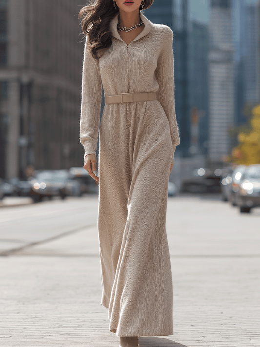 Beige Knit Maxi Dress With Belted Waist
