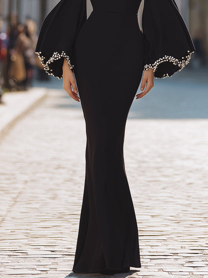 Black Mermaid Gown With Pearl-Trimmed Bell Sleeves