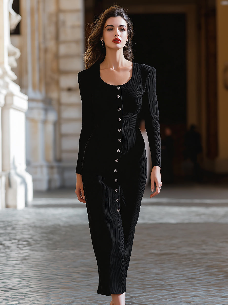 Elegant Ribbed Knit Button-Front Midi Dress