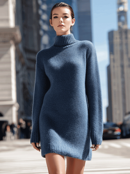 Blue Turtleneck Knit Sweater Dress