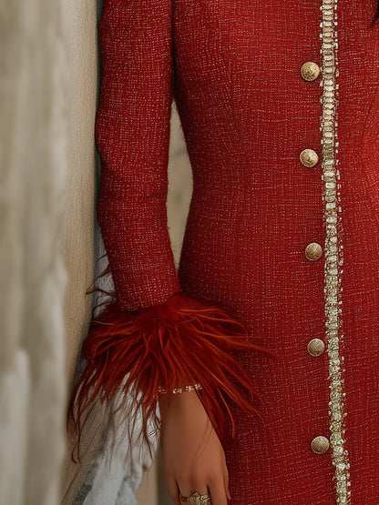 Beckwell Red Tweed Dress With Feather Cuffs And Gold Trim