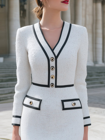 Tweed Pencil Dress With Black Trim And Gold Buttons