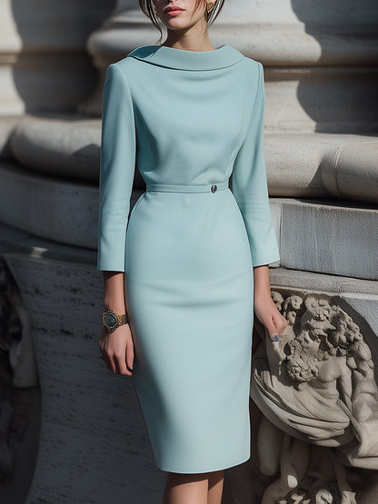 Draped Collar Pencil Midi Dress In Powder Blue