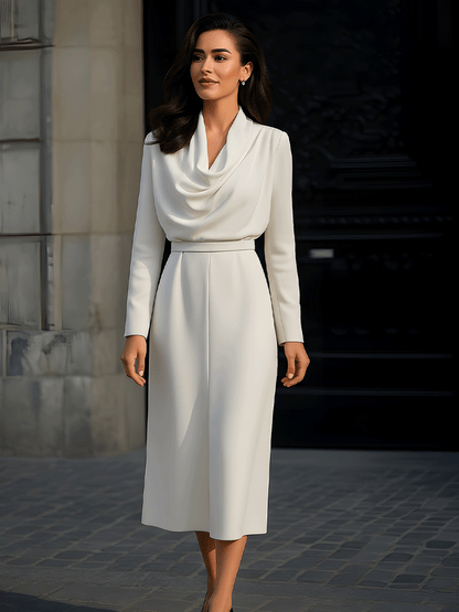 Ivory Draped Neck Midi Dress