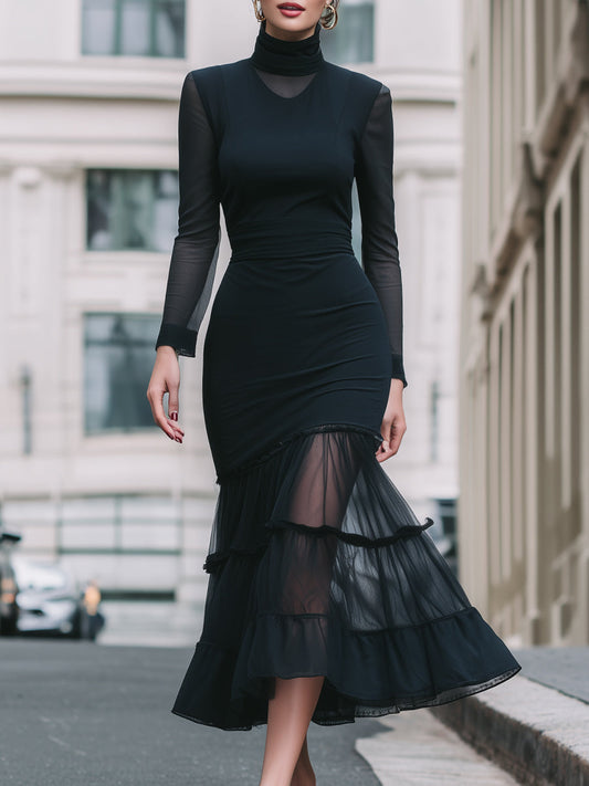High Neckline Mesh Tiered Ruffle Midi Dress