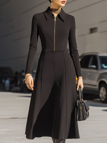 Black Zip-Front A-Line Midi Dress