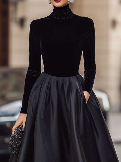 Elegant Black Velvet And Satin Midi Dress