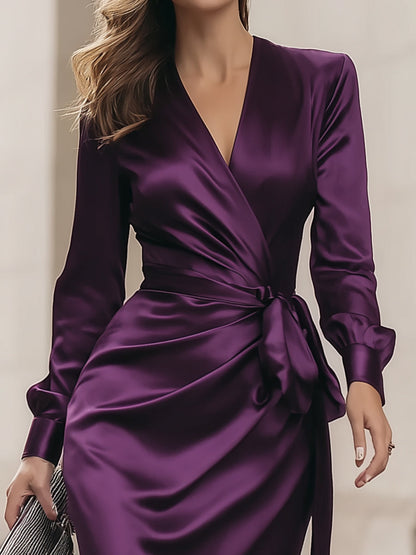 Deep Plum Satin Wrap Midi Dress