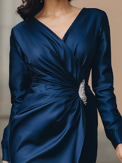 Elegant Satin Draped Wrap Dress With Leaf Brooch Detail