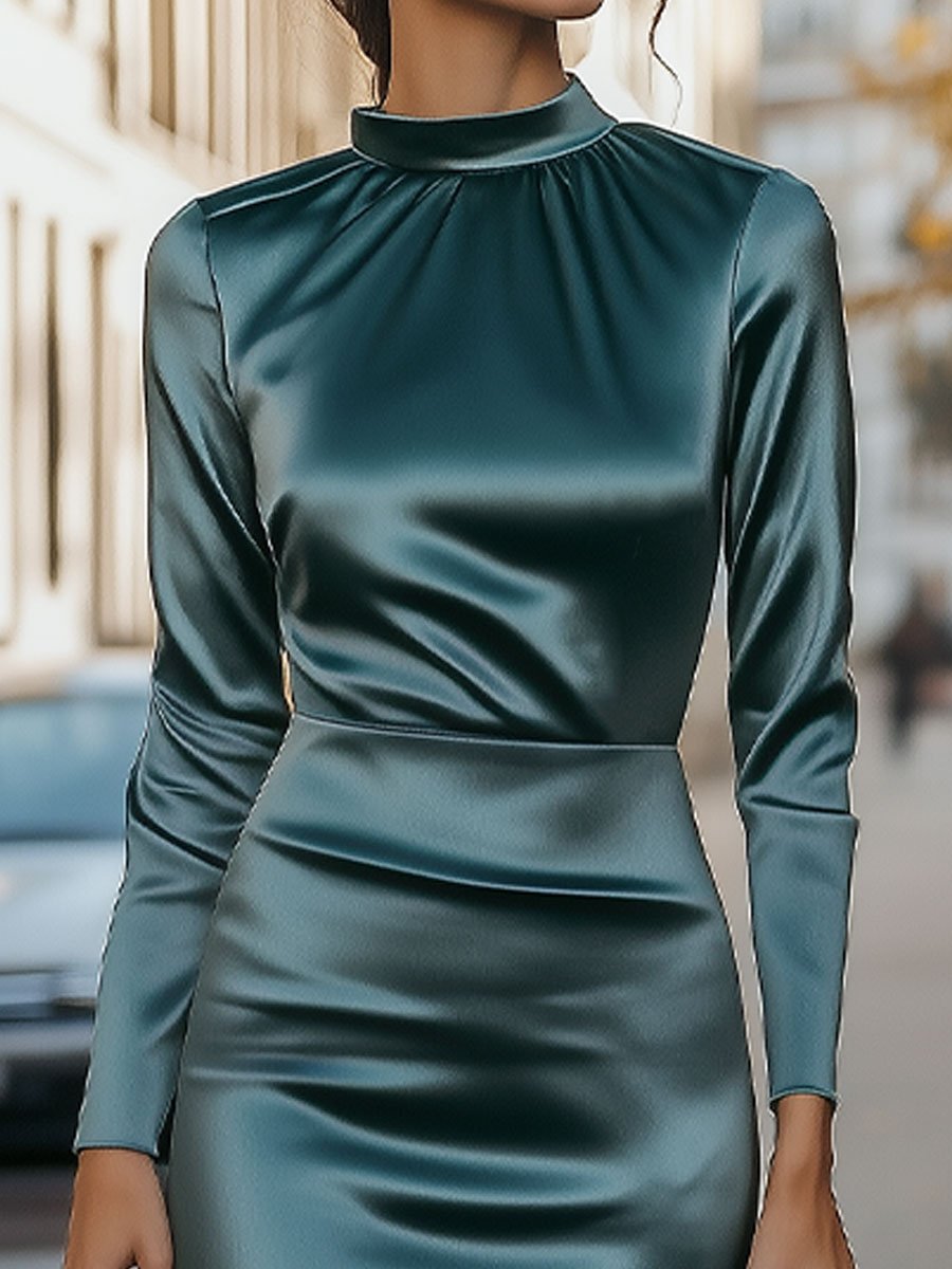 Chic Satin Long Dress with High Neckline