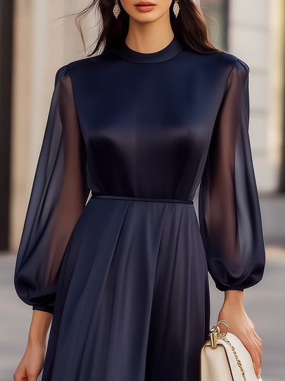 Elegant Navy Chiffon Dress with Sheer Sleeves