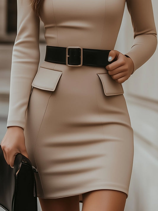 Beige Turtleneck Bodycon Dress with Black Belt Accent