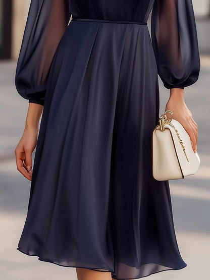 Elegant Navy Chiffon Dress with Sheer Sleeves