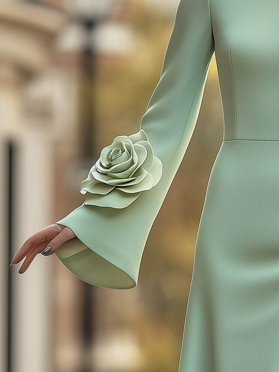Mint Green A-Line Dress with 3D Floral Details