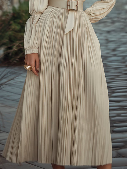 Vintage Pleated Ivory Midi Dress with Belt
