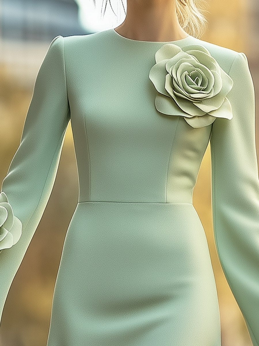Mint Green A-Line Dress with 3D Floral Details