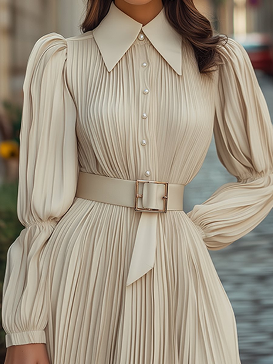 Vintage Pleated Ivory Midi Dress with Belt
