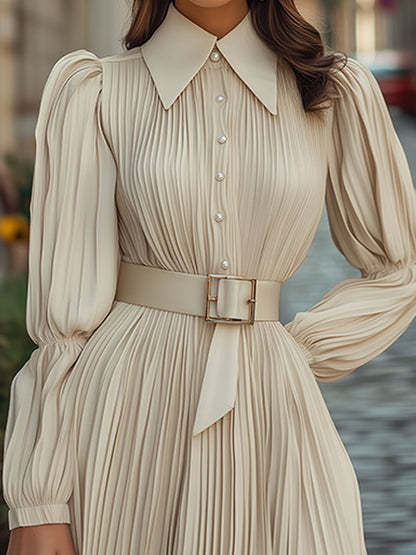 Vintage Pleated Ivory Midi Dress with Belt