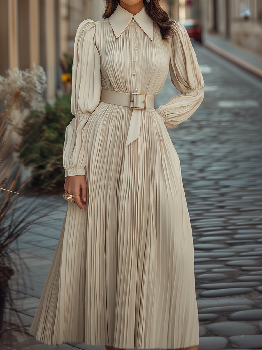 Vintage Pleated Ivory Midi Dress with Belt