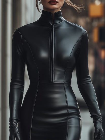 Elegant Black Zip-Up Faux Leather Dress